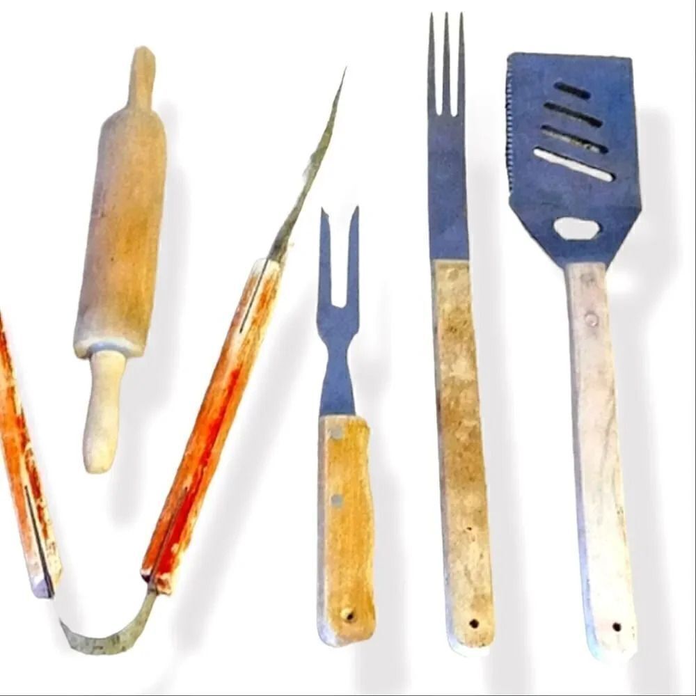VTG 5 Piece‎ Wooden Handle Kitchen BBQ Serving Utensils Bundle